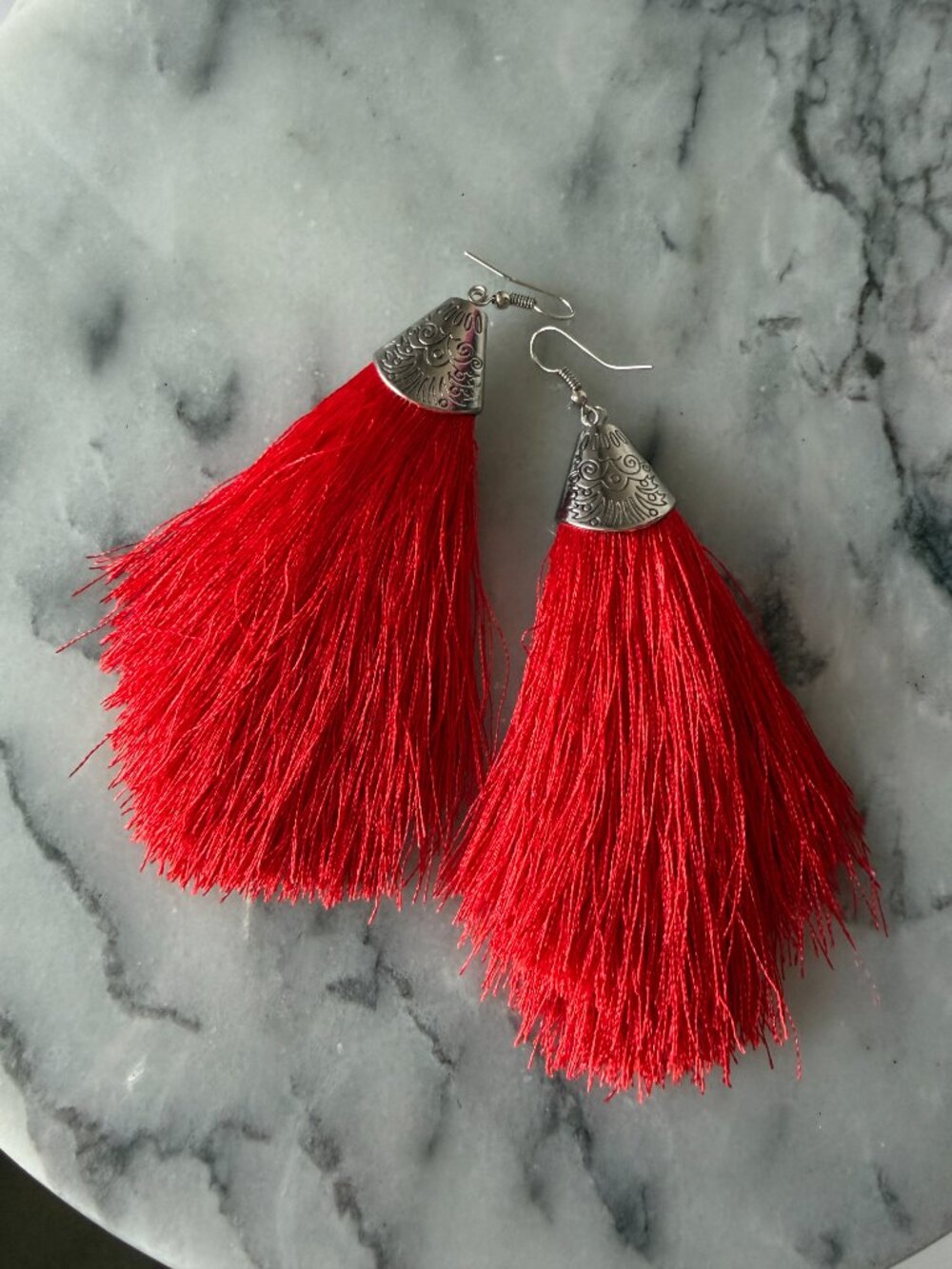NWT Red Silky Tassel Fringe Earrings Silver Tone Boho Statement Earrings